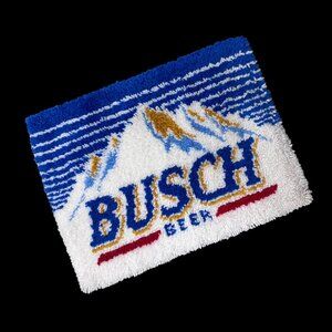 Vintage Busch Beer Latch Hook Rug Wall Hanging Retro Bar Tapestry Blue Mountains